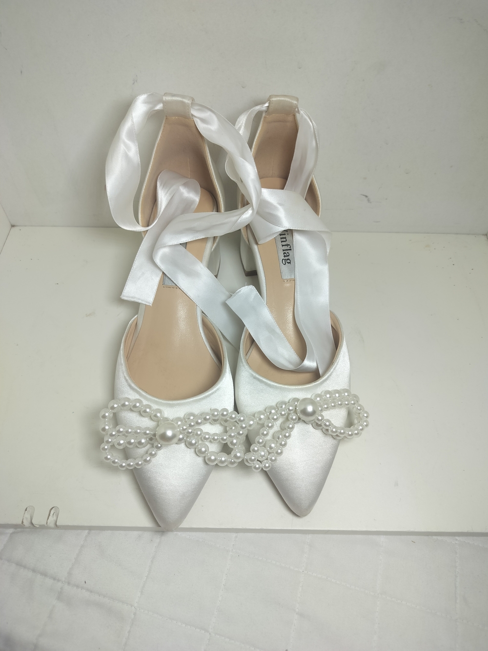 & Other Stories White Satin Pearl Bow Lace-Up Heels